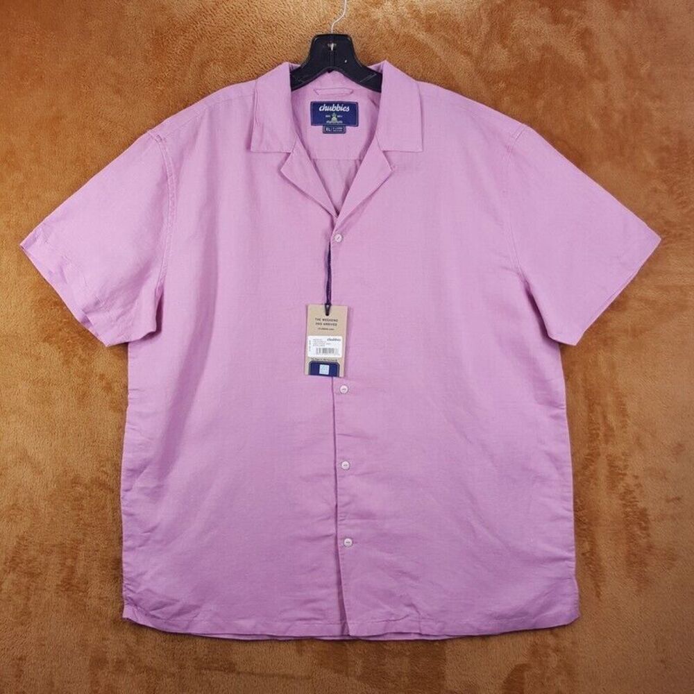 CHUBBIES Mens Shirt XL Pink Button Up Short Sleeve Linen Sunday Magnolia